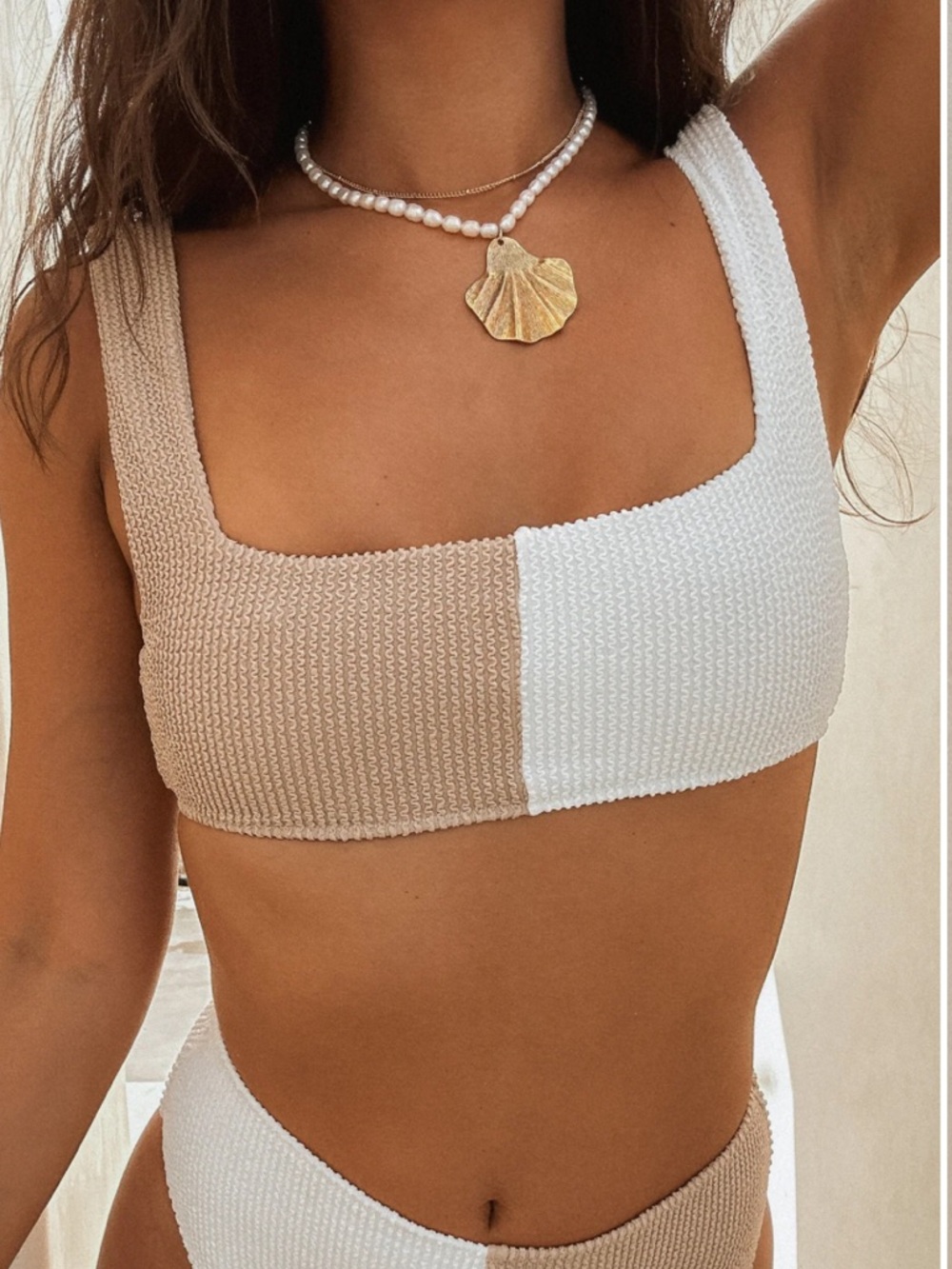 Show Me Your MuMu Two-Tone Cream and White Textured Bikini Top